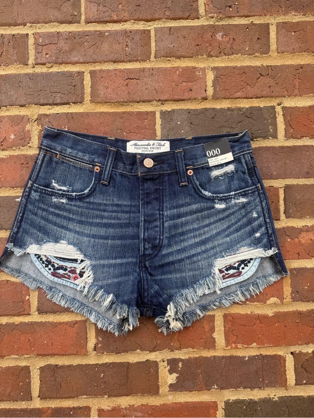 Abercrombie & Fitch Festival Frayed Hem Denim Shorts - Dark Blue